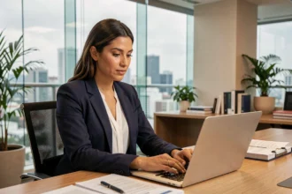 Advogada brasileira revisando documentos jurídicos em escritório moderno com vista para São Paulo, representando tendências de serviços jurídicos para empresas em 2026