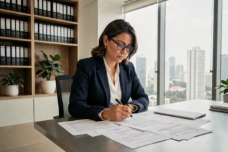 Advogada brasileira revisando documentos jurídicos em escritório corporativo moderno para abertura de empresa