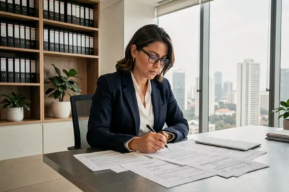 Advogada brasileira revisando documentos jurídicos em escritório corporativo moderno para abertura de empresa
