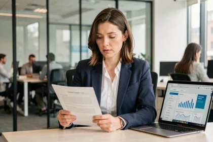 Advogada corporativa revisando documentos de adequação à Lei Geral de Proteção de Dados (LGPD) em escritório moderno
