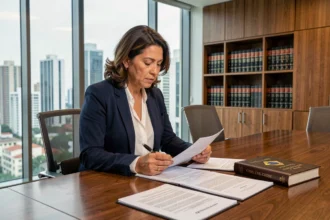 Advogada brasileira analisando documentos jurídicos sobre reformas no código legal brasileiro de 2026 em sala de reunião de escritório de advocacia moderno