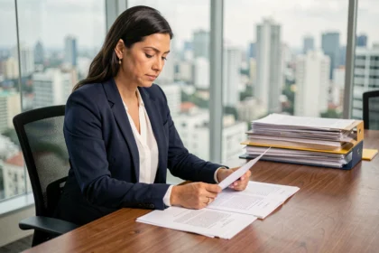 Advogada trabalhista revisando documentos jurídicos em escritório corporativo moderno em São Paulo