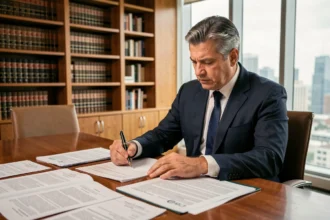 Advogado brasileiro analisando contratos empresariais em sala de reunião de escritório de advocacia