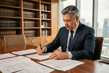Advogado brasileiro analisando contratos empresariais em sala de reunião de escritório de advocacia