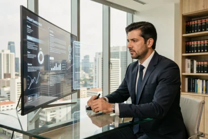 Advogado brasileiro analisando documentos jurídicos digitais em escritório moderno com vista para São Paulo, representando tecnologia e inovação nos serviços jurídicos em 2026.