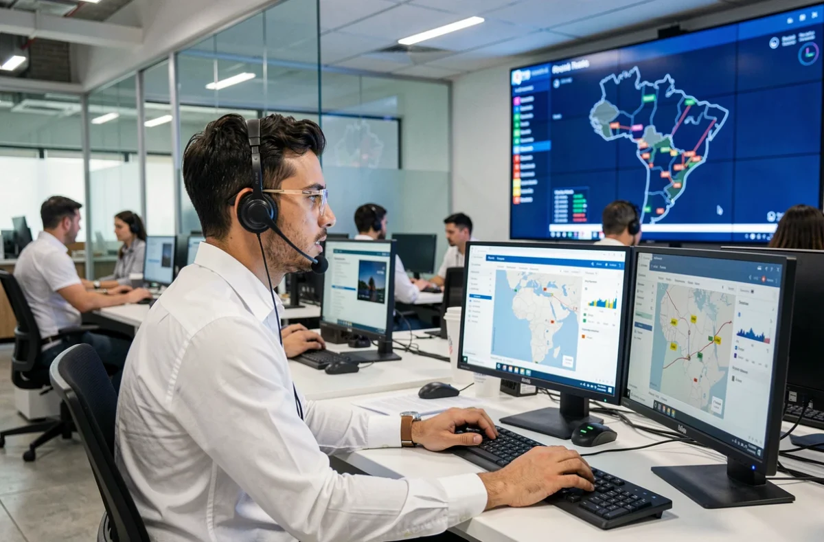 Analista de logística monitorando rastreamento de entregas em centro de operações com mapas digitais do Brasil na tela