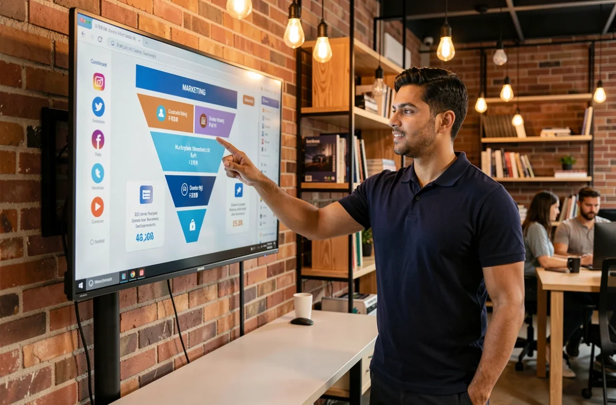Profissional brasileiro apresentando estratégia de marketing digital em espaço de coworking com painel interativo