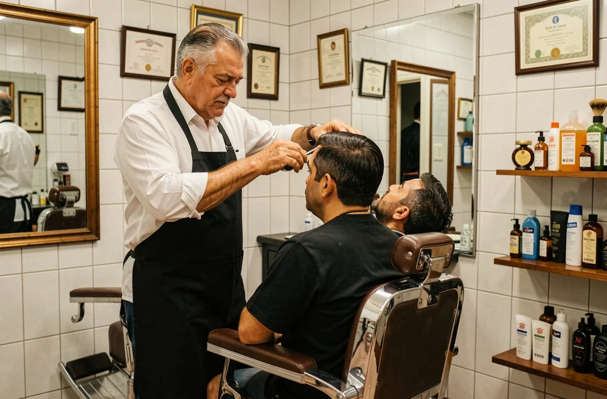 Dono de barbearia tradicional atendendo cliente em salão no Rio de Janeiro, simbolizando a resistência e retomada dos pequenos negócios do setor de serviços no Brasil após a pandemia
