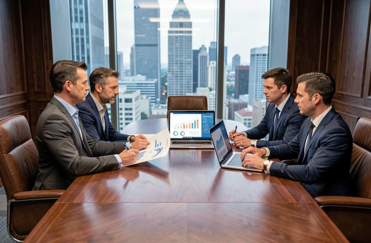 Consultor de negócios em reunião estratégica com executivos analisando dados e gráficos em sala de reuniões corporativa