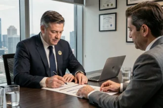 Consultor de segurança empresarial analisando proposta de serviços com dono de empresa em escritório corporativo moderno