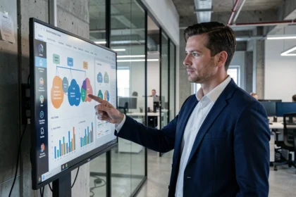 Consultor de TI apontando para painel digital interativo com gráficos de transformação digital em escritório moderno