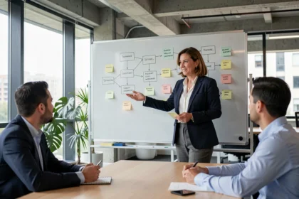 Consultora de negócios apresentando estratégia empresarial em quadro branco para equipe em escritório moderno