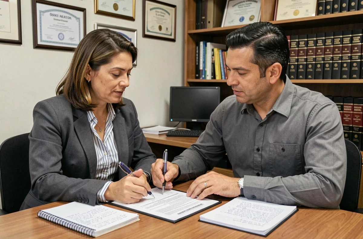 Contador e empresária brasileiros analisam juntos documentos da reforma tributária em escritório de contabilidade