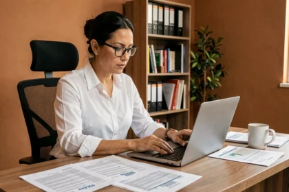 Contadora brasileira revisando documentos financeiros em escritório de pequena empresa com laptop aberto sobre mesa de madeira