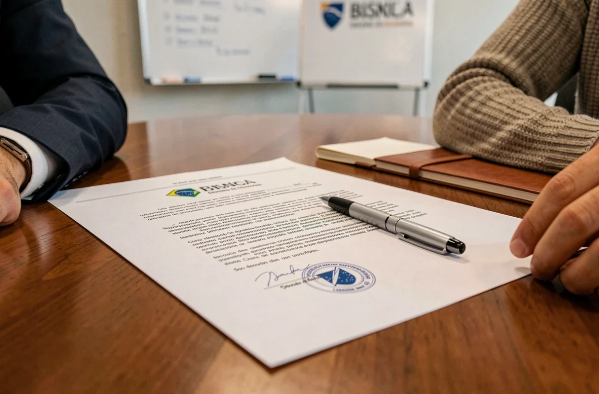 Contrato de estágio brasileiro sobre mesa de reunião sendo assinado em ambiente corporativo profissional