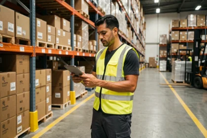 Coordenador de logística revisando tablet em armazém de distribuição com prateleiras de caixas ao fundo, representando serviços logísticos no comércio brasileiro
