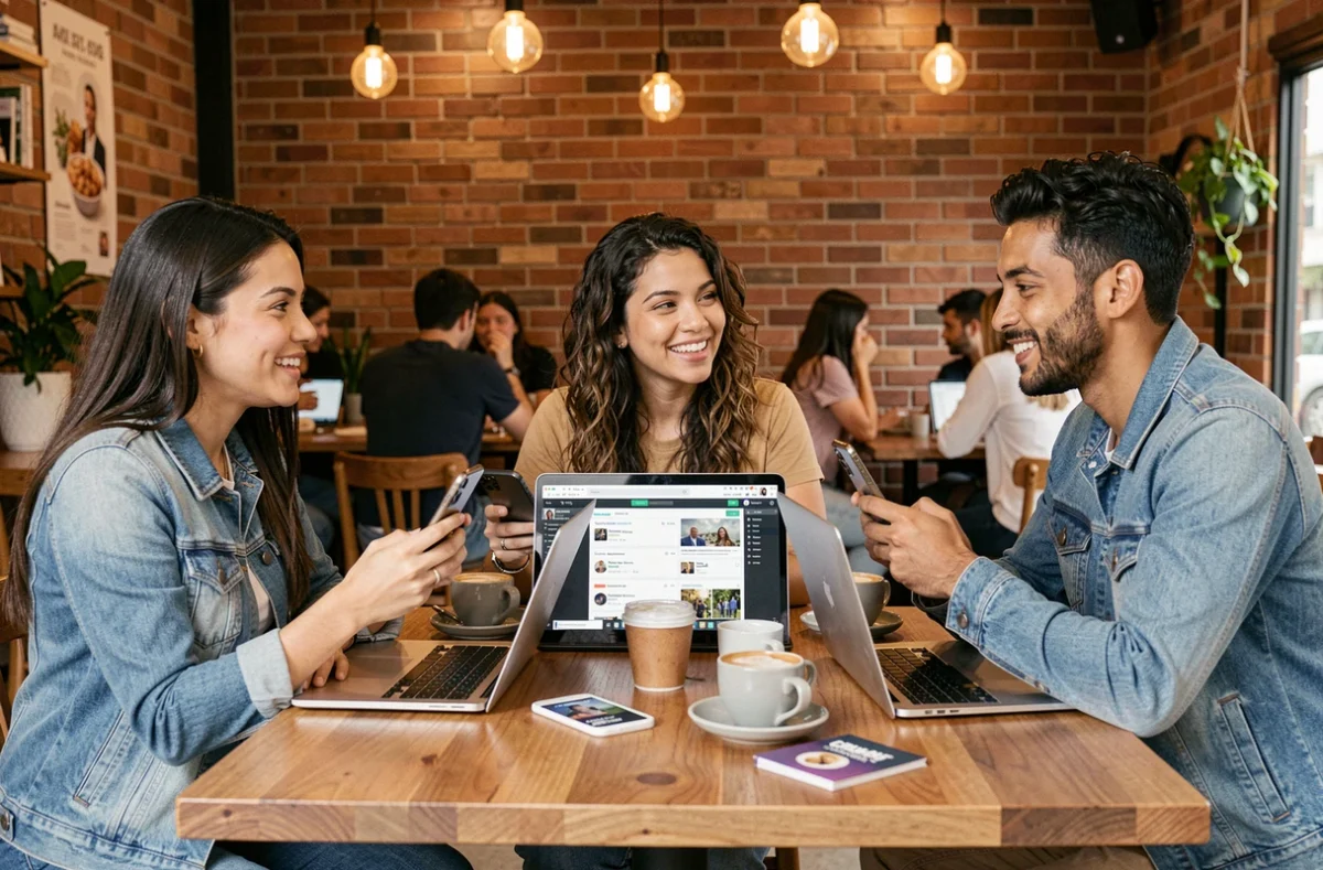 Grupo de criadores de conteúdo brasileiros discutindo estratégias de marketing de influência em coworking no Rio de Janeiro