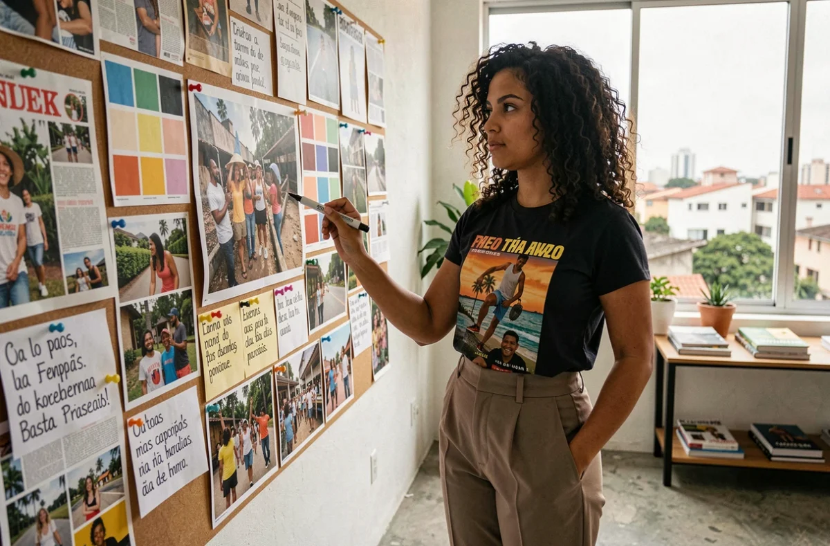 Diretora criativa brasileira jovem apresentando moodboard com referências culturais e taglines para campanha publicitária baseada em storytelling