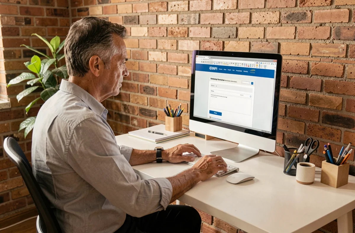 Empreendedor acessando o site do INPI para busca e registro de marca em home office