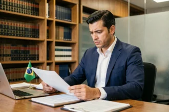 Empreendedor brasileiro em escritório jurídico revisando documentos legais sobre desafios jurídicos para empresas no Brasil