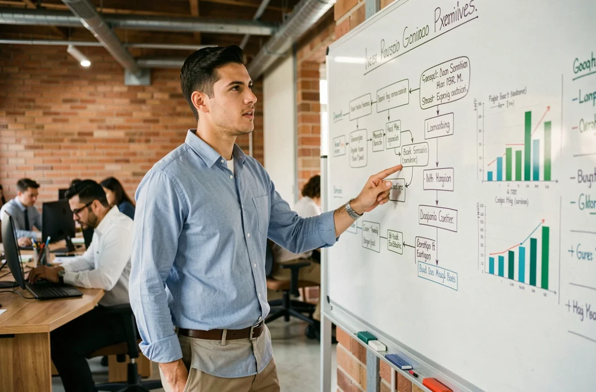 Jovem empreendedor brasileiro apresentando fluxograma de expansão empresarial em espaço de co-working em Curitiba