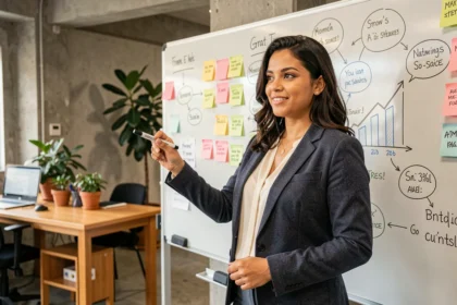 Empreendedora brasileira apresentando estratégia de startup em espaço de coworking moderno em São Paulo