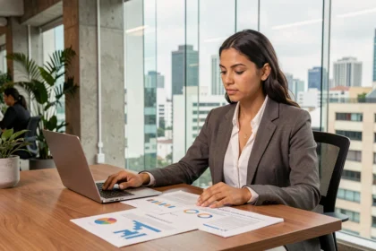 Empreendedora brasileira analisando documentos de investimento em startup em espaço de coworking moderno em São Paulo