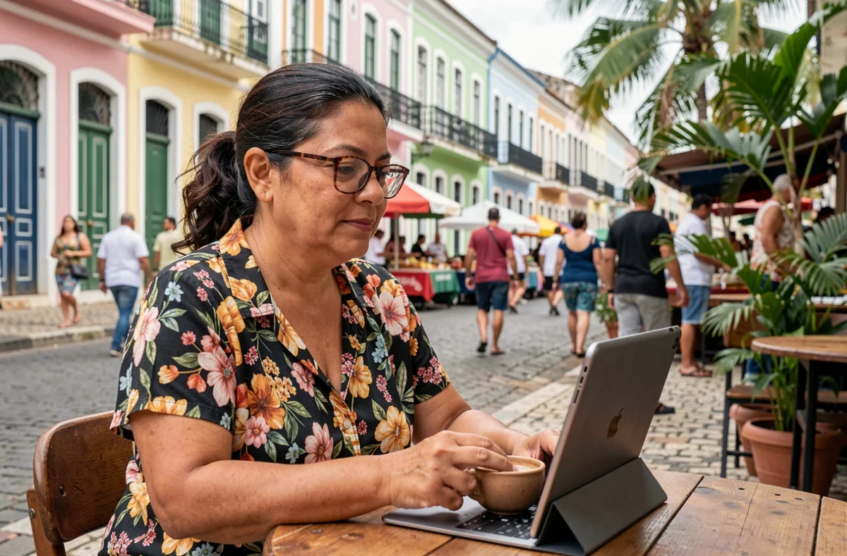 Empreendedora brasileira gerenciando perfil de negócio nas redes sociais em tablet em café ao ar livre em Recife