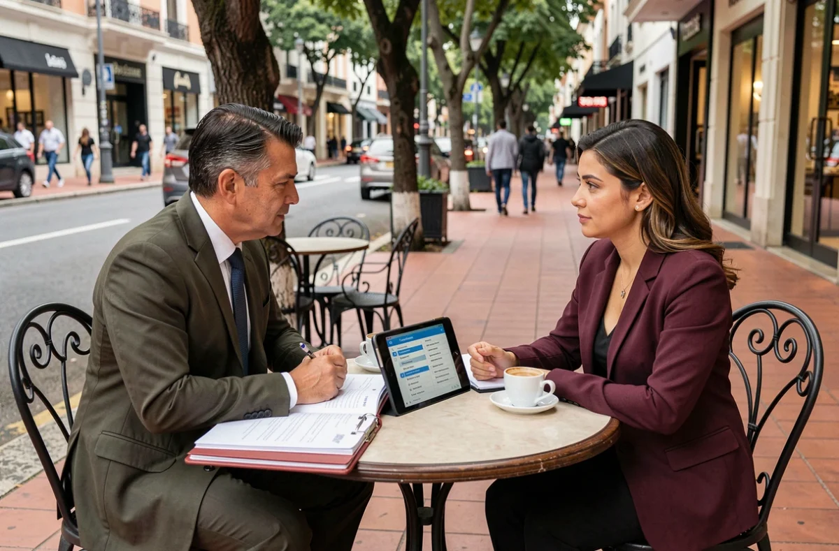 Dois empreendedores brasileiros discutindo desafios jurídicos e conformidade empresarial em reunião informal em café urbano