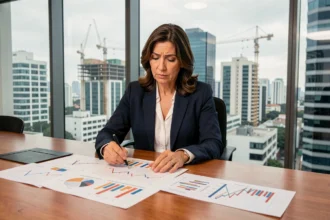 Empresária brasileira analisando gráficos econômicos em sala de reuniões com skyline de São Paulo ao fundo, representando o impacto do cenário político nos negócios em 2026