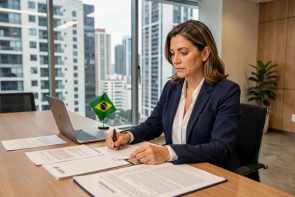 Empresária brasileira revisando documentos jurídicos em escritório corporativo moderno em São Paulo, com skyline urbano ao fundo
