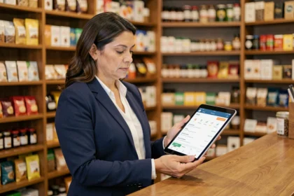 Empresária brasileira de meia-idade analisando dados de inventário em tablet dentro de loja familiar com prateleiras organizadas ao fundo
