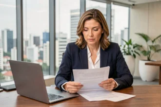 Empresária brasileira revisando documentos sobre novas leis trabalhistas em escritório corporativo moderno em São Paulo
