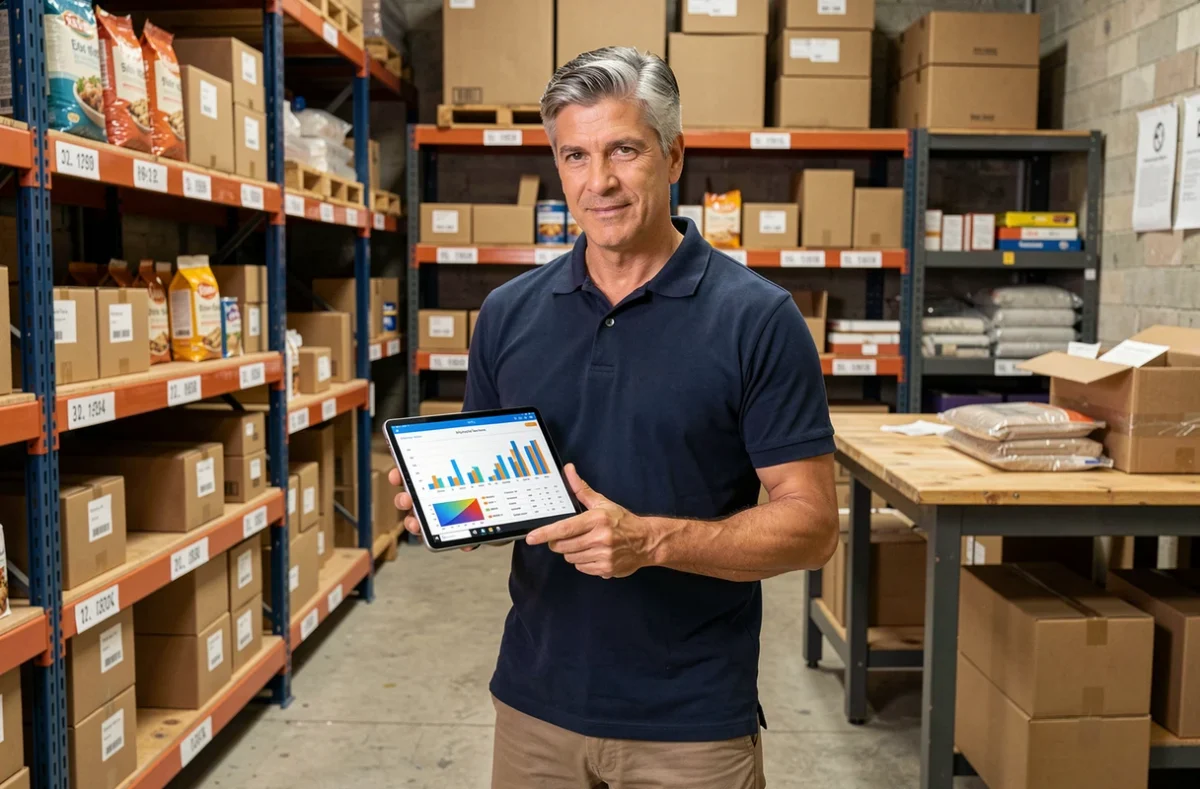 Empresário brasileiro gerenciando pedidos de e-commerce em pequeno armazém urbano