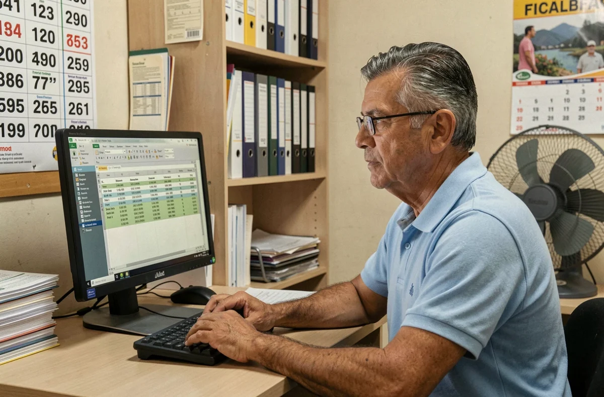 Empresário brasileiro usando software de contabilidade em computador no escritório administrativo de pequena empresa