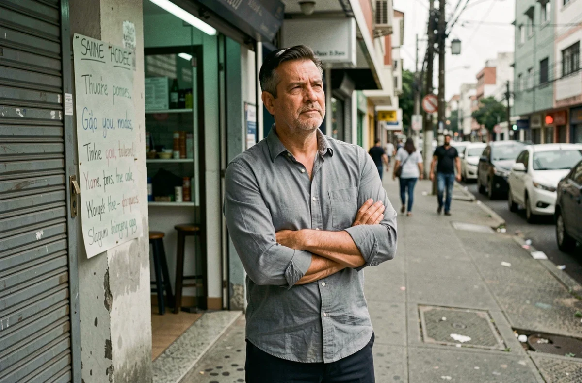 Empresário brasileiro diante de pequeno comércio fechado, simbolizando os desafios enfrentados pelos negócios durante a pandemia no Brasil