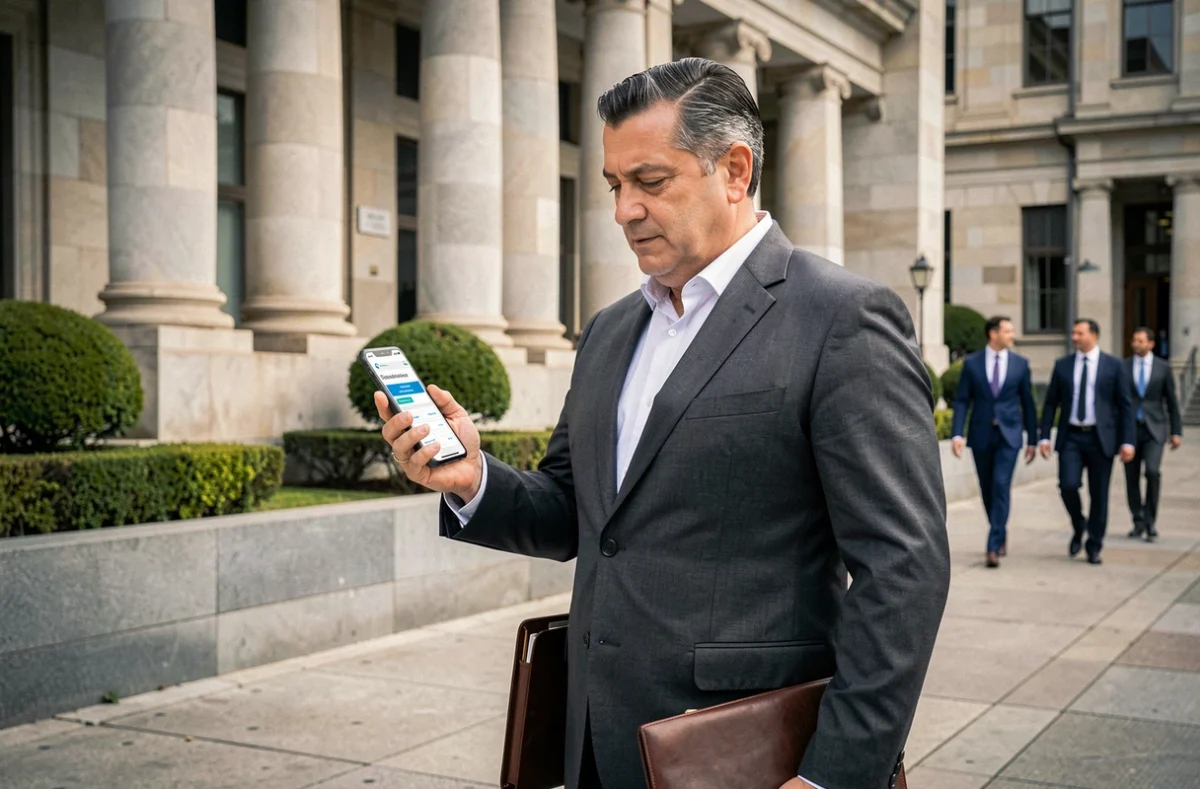 Empresário brasileiro em frente a prédio governamental consultando portal de licitações no celular