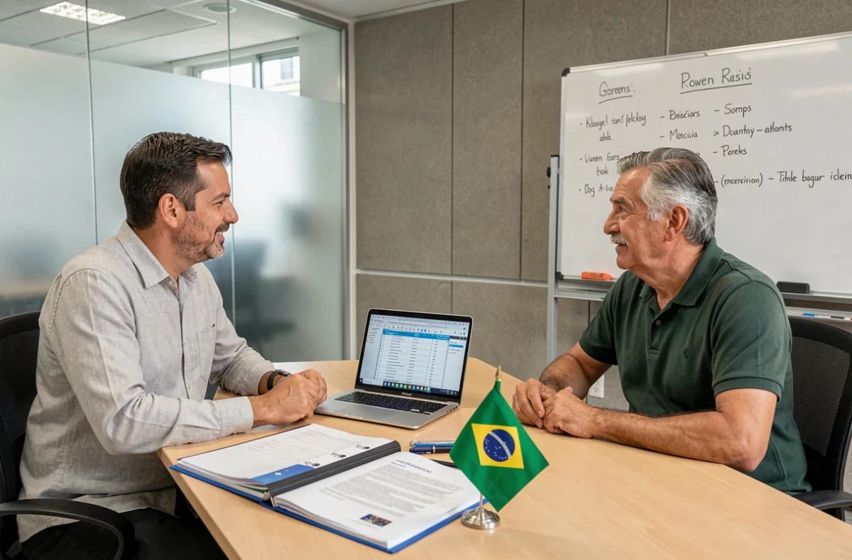 Dois empresários brasileiros em reunião de consultoria jurídica para regularização de negócio
