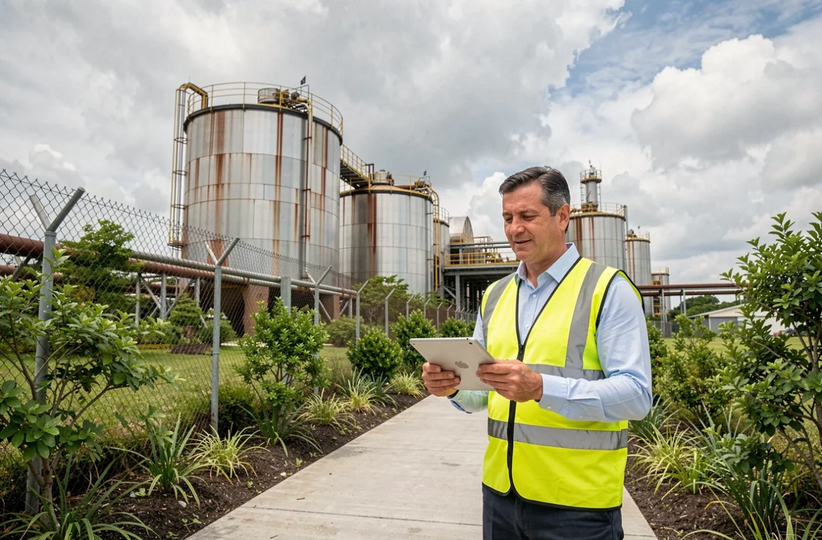 Engenheiro ambiental brasileiro inspecionando instalação industrial com vegetação nativa replantada como parte de programa de conformidade ambiental