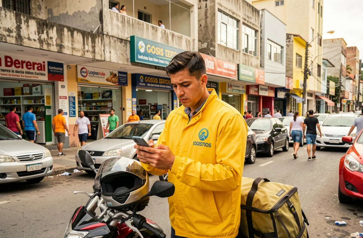 Entregador de aplicativo em moto em rua comercial de cidade brasileira verificando pedidos no celular, ilustrando o crescimento das plataformas de serviços por aplicativo no Brasil pós-pandemia