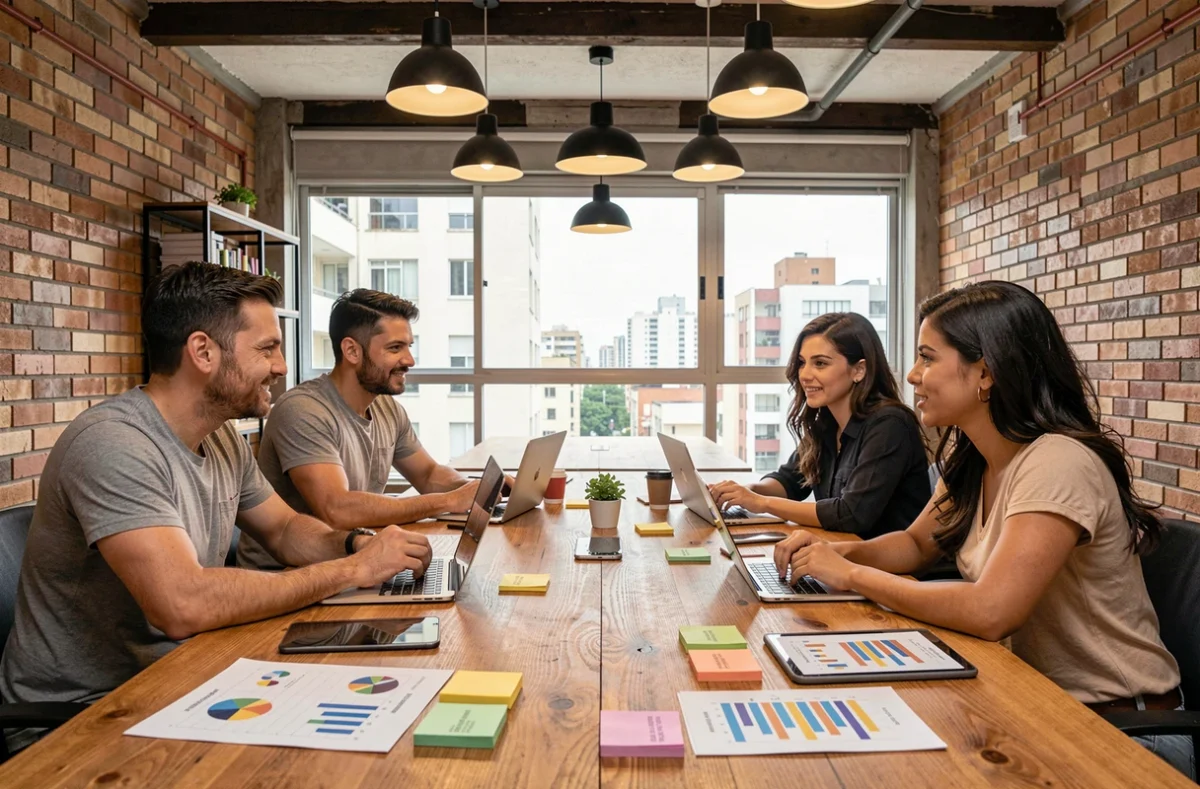 Equipe diversa de profissionais brasileiros colaborando em projeto de transformação digital em espaço de coworking