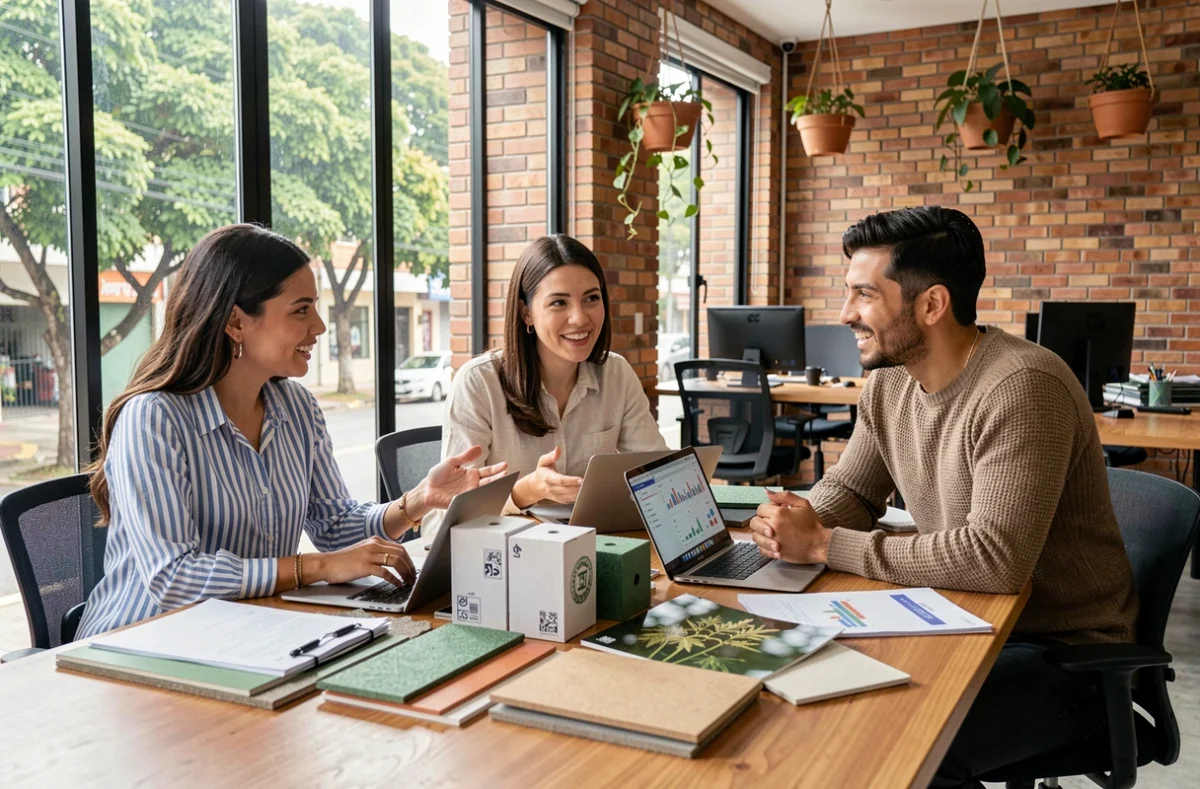 Equipe diversa de profissionais brasileiros discutindo inovação e sustentabilidade em espaço de coworking com amostras de materiais recicláveis