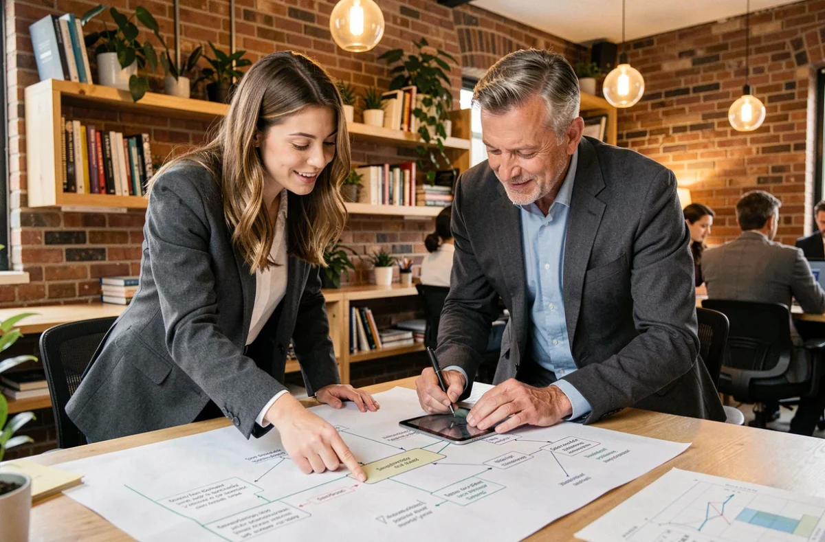 Equipe de consultores colaborando sobre mapa estratégico de negócios em espaço de coworking criativo