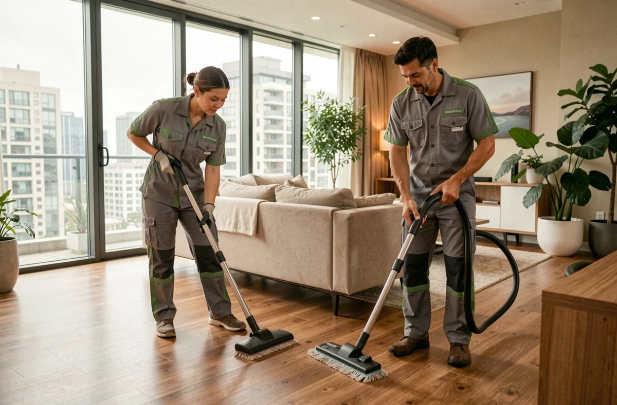 Equipe de limpeza profissional aspirando e passando pano em apartamento residencial amplo