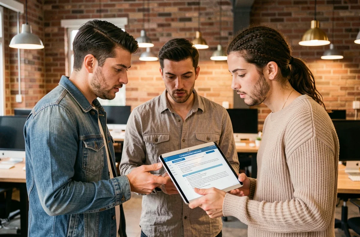 Equipe de profissionais brasileiros debatendo as novas leis de publicidade online para 2026 em espaço de coworking