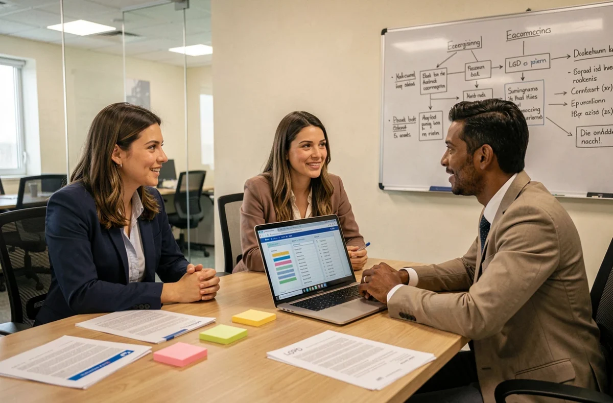 Equipe empresarial brasileira discutindo estratégias de adequação à Lei Geral de Proteção de Dados em sala de reunião