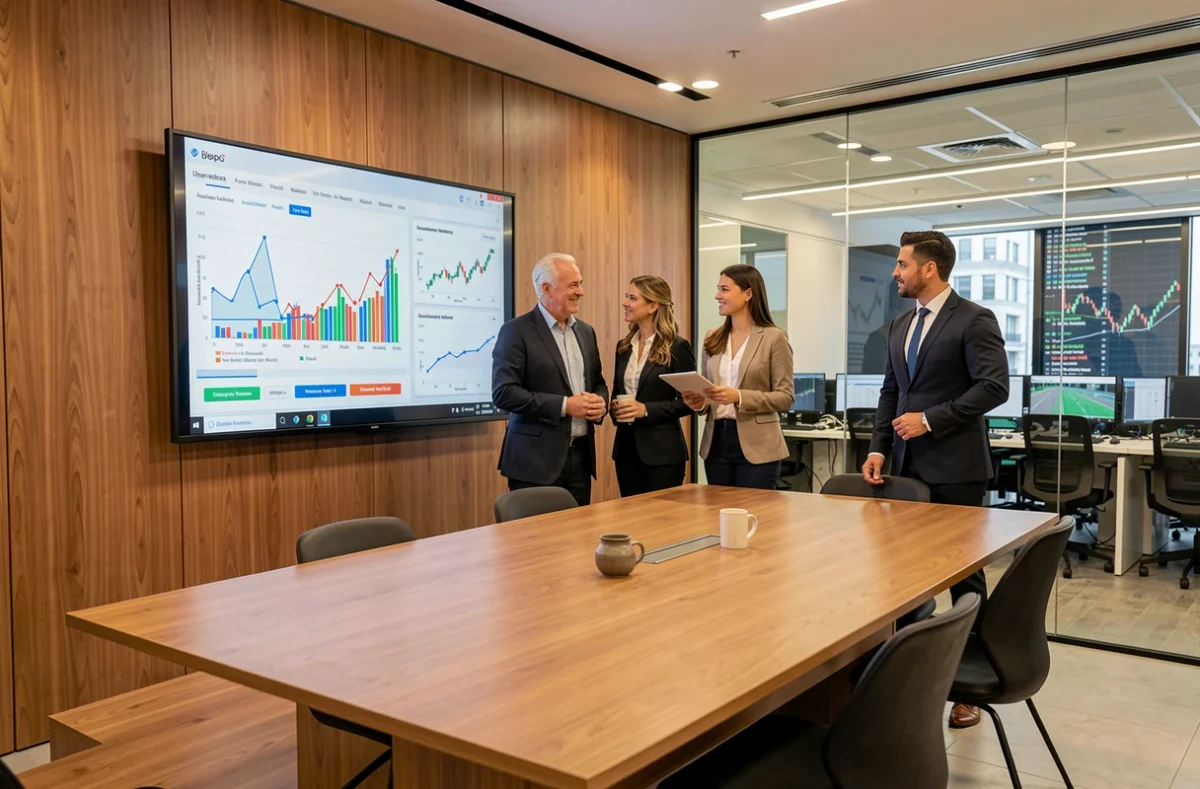 Equipe de executivos brasileiros analisando gráficos de fusões e aquisições em tela digital durante reunião estratégica