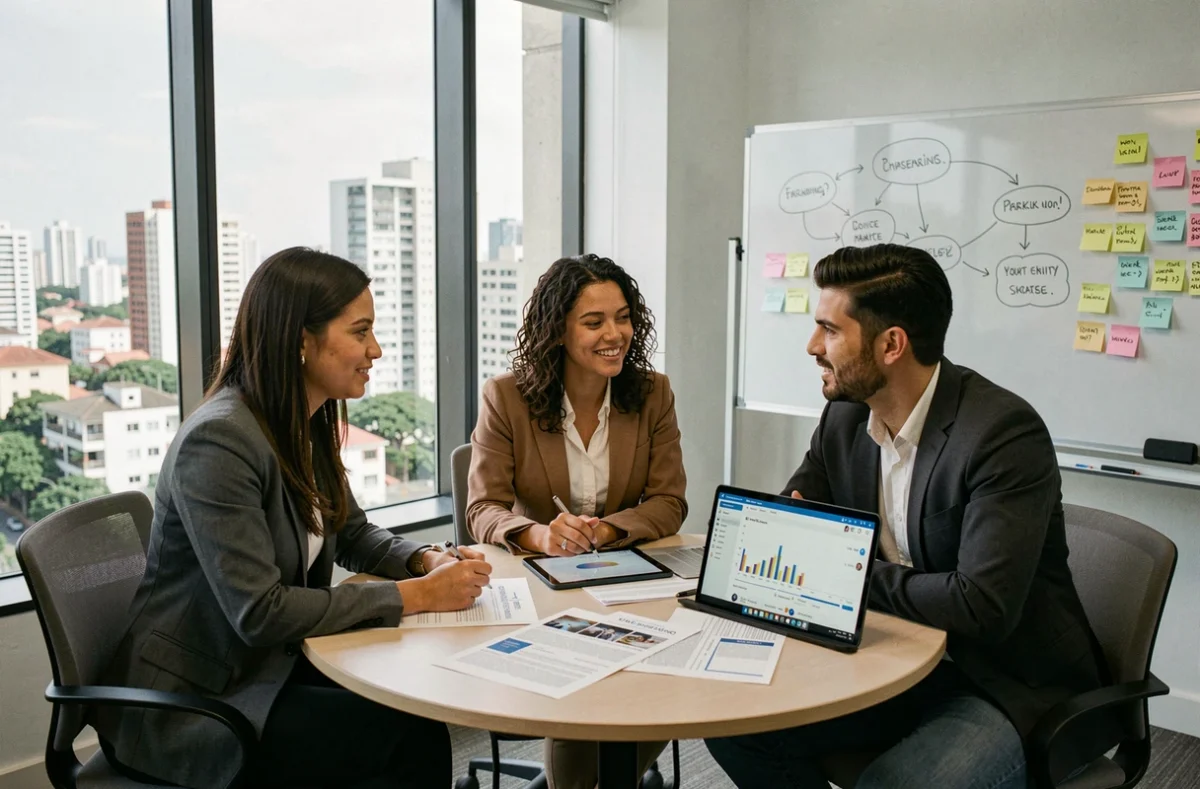 Equipe diversa de profissionais brasileiros de marketing digital colaborando em reunião de agência com vista para cidade
