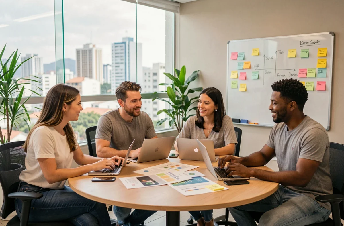 Equipe de marketing digital brasileira colaborando em reunião de agência com materiais de campanha e whiteboard