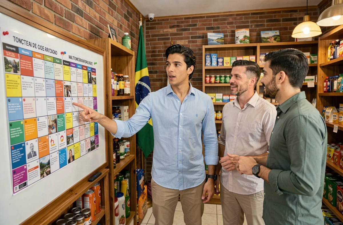 Equipe de pequeno negócio brasileiro discutindo estratégias de marketing em redes sociais em loja física no Rio de Janeiro